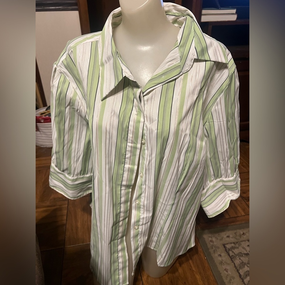 Cato Women's Green and White Striped Blouse